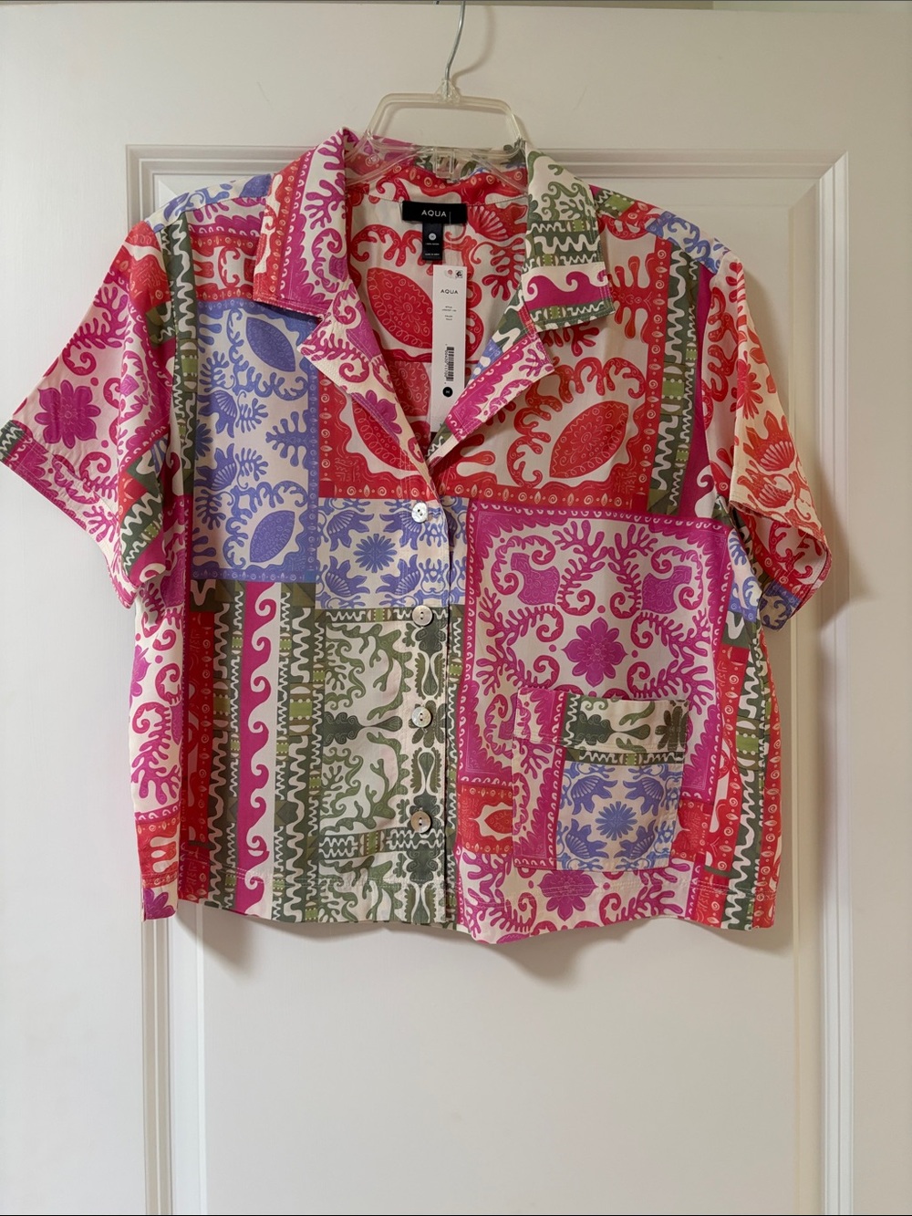 Aqua Patchwork Patterned Button-Up Shirt in Pink, Red, Green, Blue/Lavender